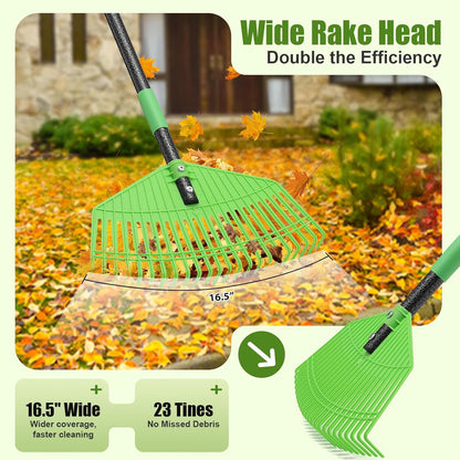 Plastic Leaf Rake with Adjustable 65'' Handle - Lightweight Outdoor Yard Rakes for Leaves,Grass &