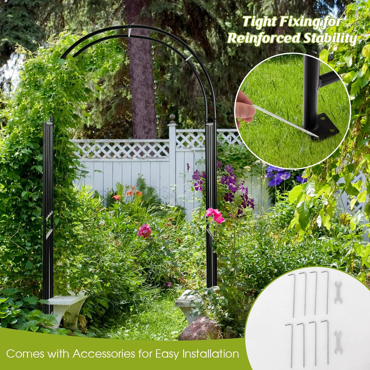 LDAILY Moccha Garden Arch Arbor Trellis, 7.2Ft Outdoor Steel Arbor with Stakes, Metal Archway for