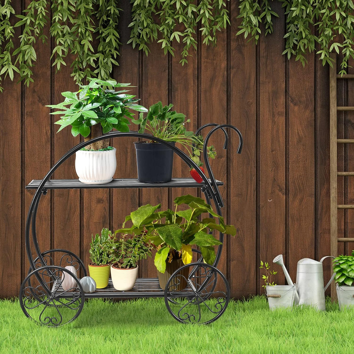 S AFSTAR Metal Plant Stand, Two Tiered Garden Cart Shelf for Indoor Outdoor Home Garden Patio