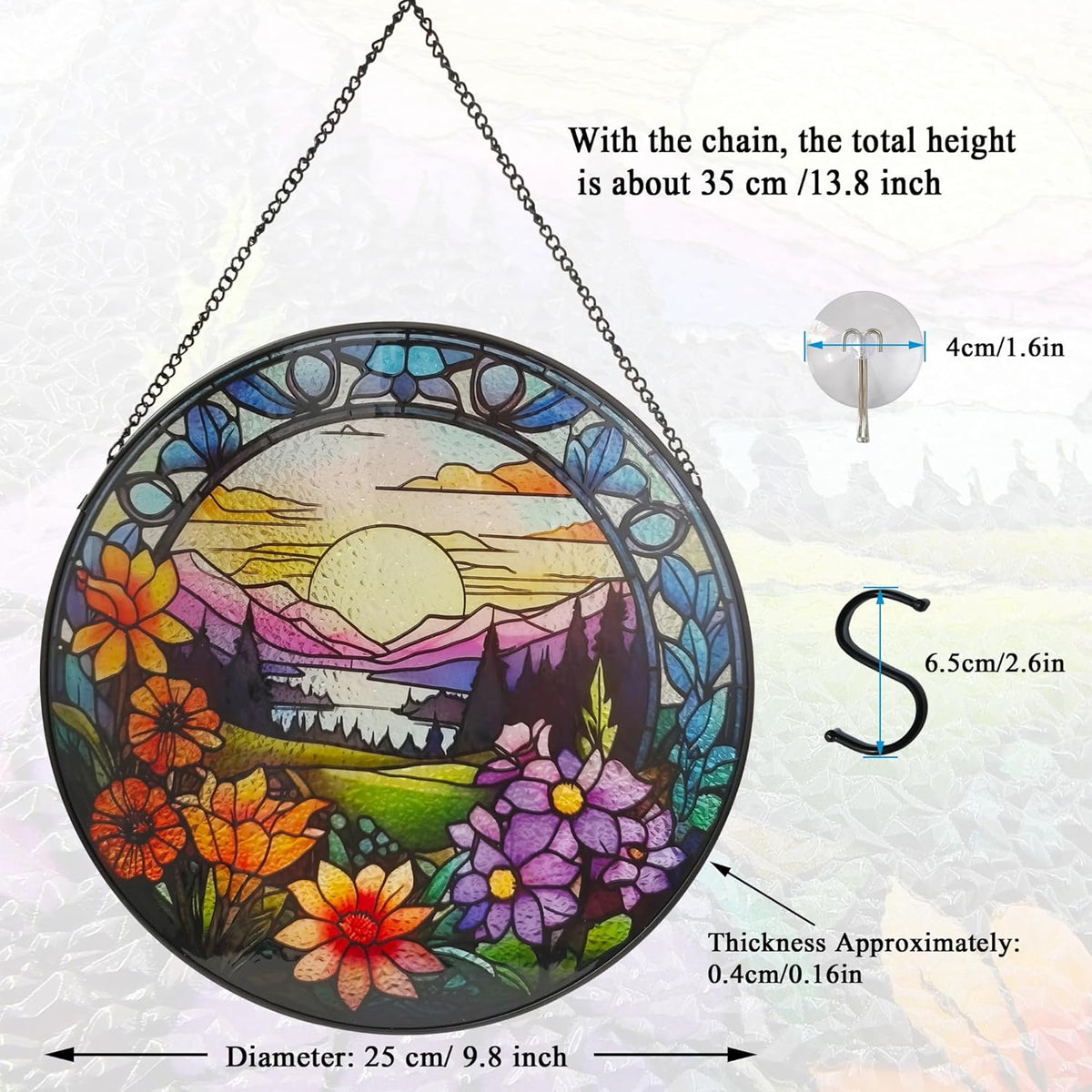9.8'' Stained Glass Window Hanging, Wildflowers Valley Sun Catcher for Windows Hanging Suncatcher