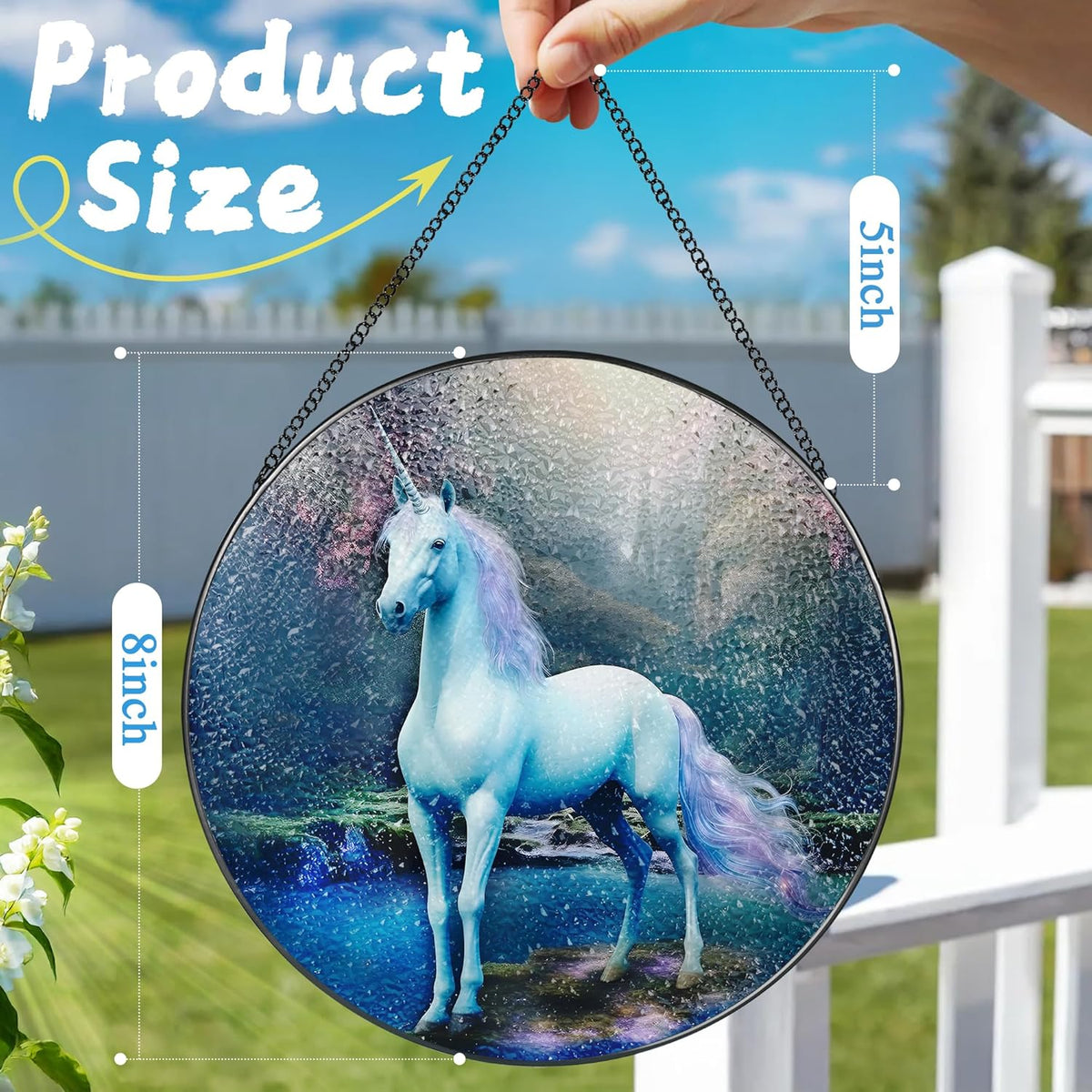8″ Stained Glass Window Hanging Ornament, Unicorn Stained Glass Suncatcher Ornament, Sun-Catcher