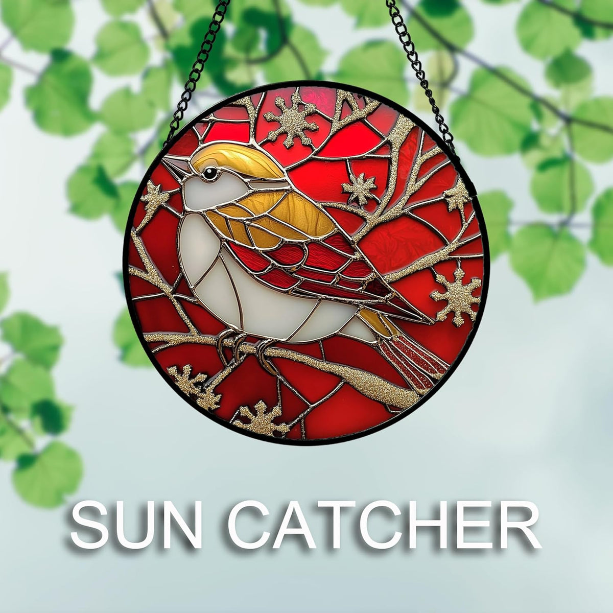 Stained Glass Window Hanging 4 Pcs Set Red Christmas Themed Decorations Large 11.8" - Suncatcher