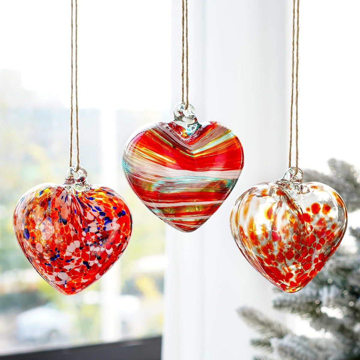 4inch Hand Blown Glass Red Heart Ornaments Hanging Friendship Hearts for Patio Garden Outdoor Decor
