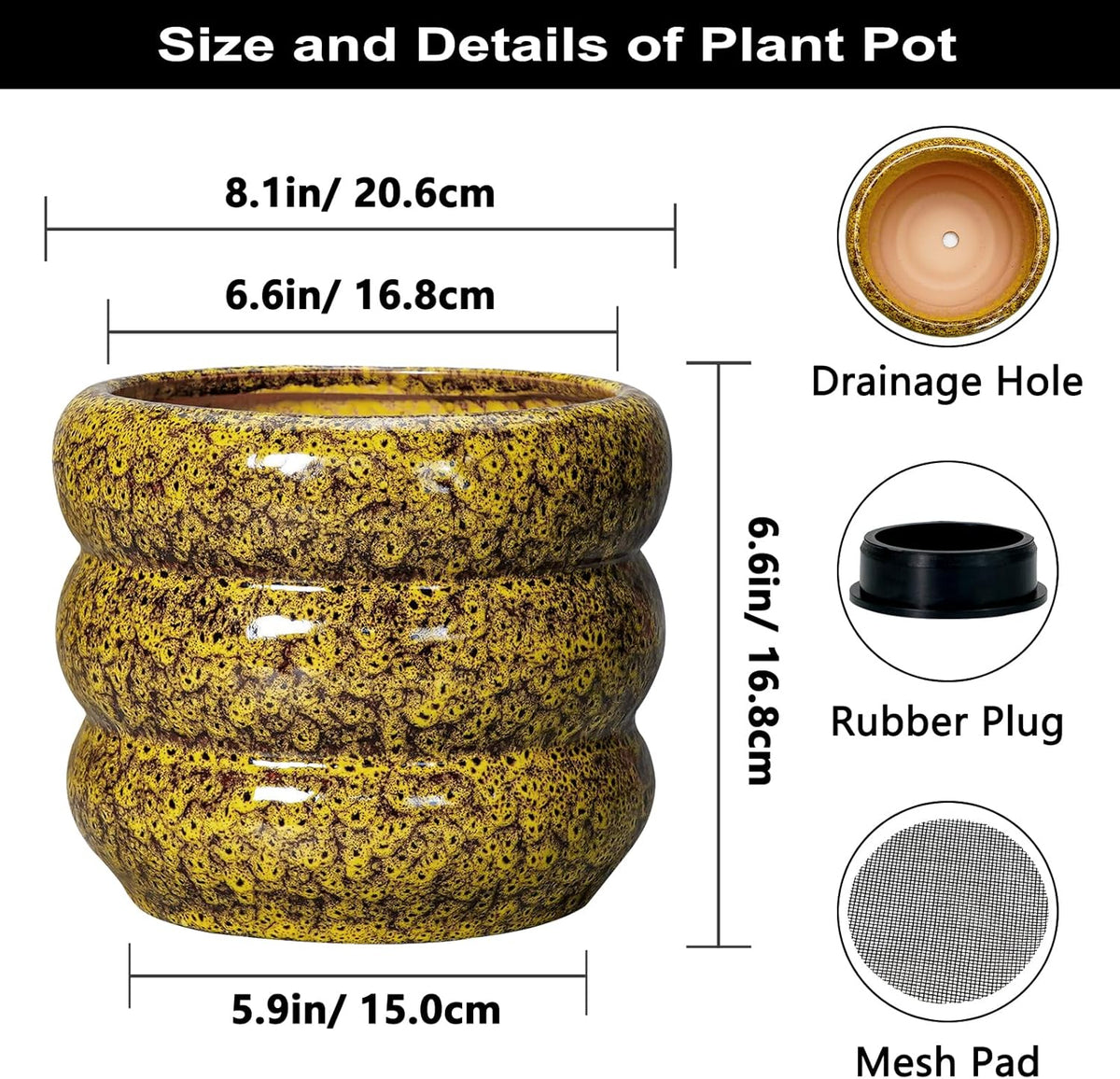 SQOWL Ceramic Planter - 8 Inch Indoor Plant Pot with Drainage Hole, Round Planter for Outdoor