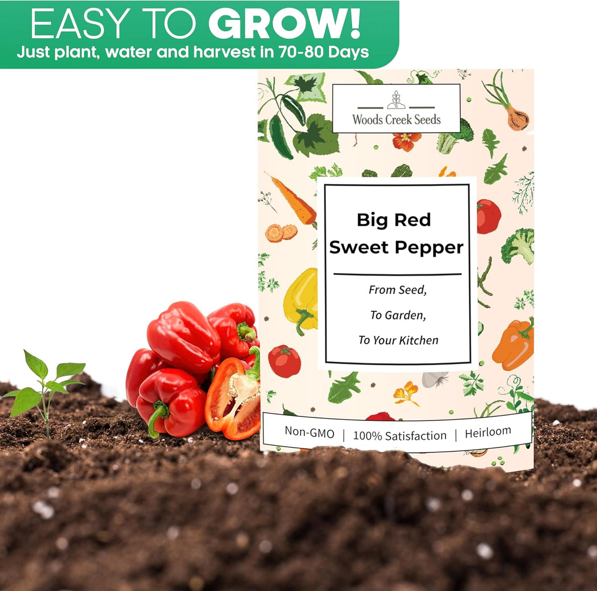 Woods Creek Seeds: Big Red Sweet Pepper Seeds for Planting - Non-GMO and Heirloom Bell Pepper Seeds