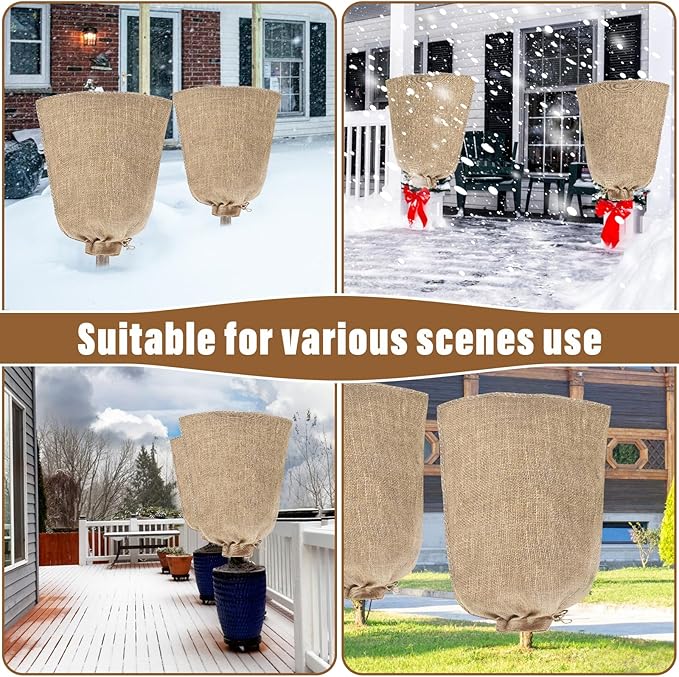 Riare 2 Packs 40 × 47 Inch Burlap Winter Plant Cover Bags with Drawstring- Reusable Large Burlap