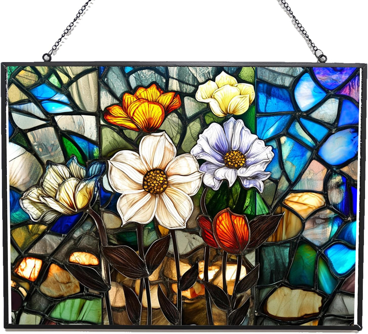 Customized Rectangle Lotus in The Lake Stained Glass Window Hanging, Stained Glass Suncatcher for