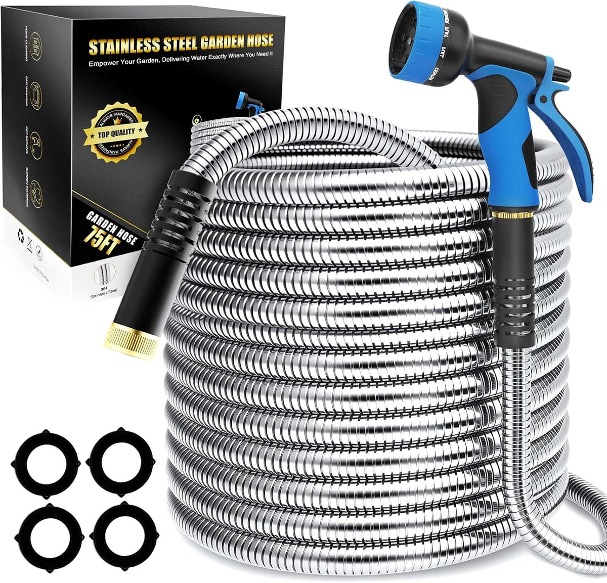 Lefree Garden Hose 75ft, Metal Garden Hose, Stainless Steel Hose with 10-Function Nozzle, Flexible