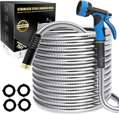 Lefree Garden Hose 75ft, Metal Garden Hose, Stainless Steel Hose with 10-Function Nozzle, Flexible