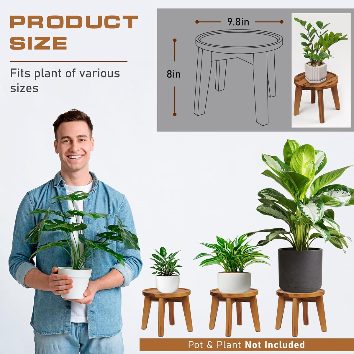 Demigo Indoor Plant Stand, Acacia Wooden Decorative Plant Shelf with Spill-Proof Tray, Stable 8”