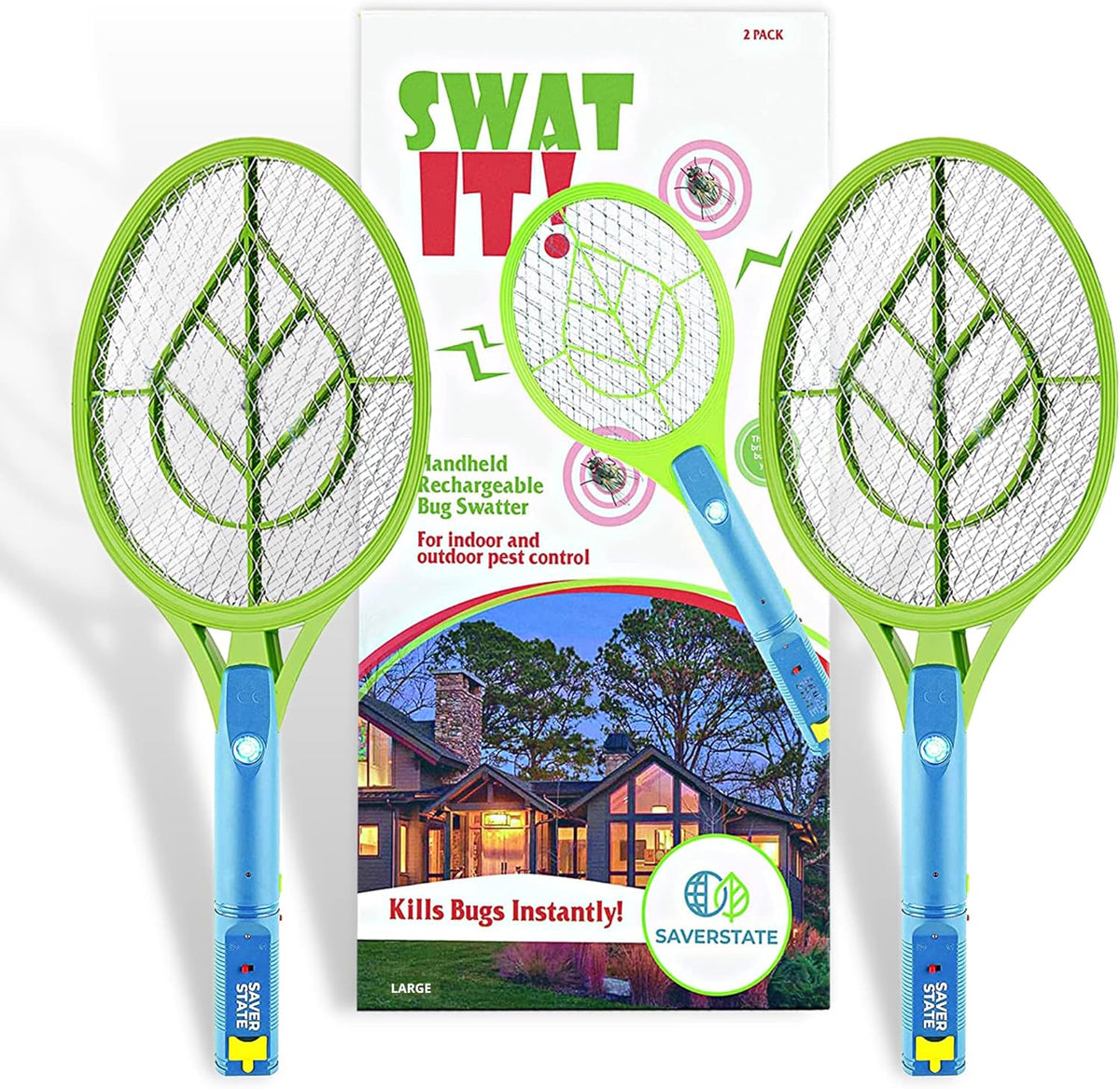SWAT IT! Bug Zapper Rechargeable Bug Zapper Racket, 4000 Volt, USB Charging Cable, 2 Pack (Large)