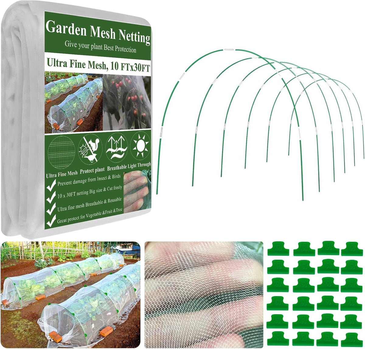 Garden Mesh Netting Kit,10 x 30FT Ultra Fine Netting with 6 Sets Fiberglass Garden Hoops for Raised