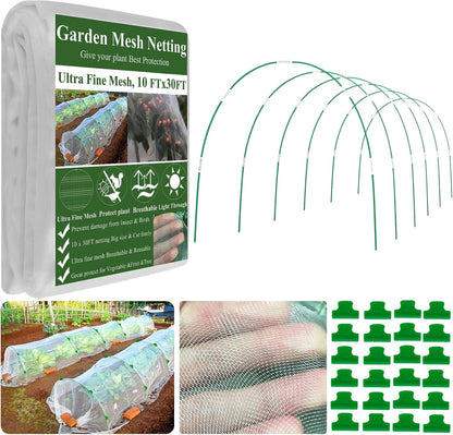 Garden Mesh Netting Kit,10 x 30FT Ultra Fine Netting with 6 Sets Fiberglass Garden Hoops for Raised