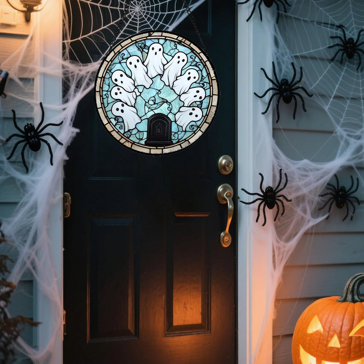 Stained Glass Window Hanging - Halloween Decorations Ghosts Tombstones Suncatcher for Doors Garden