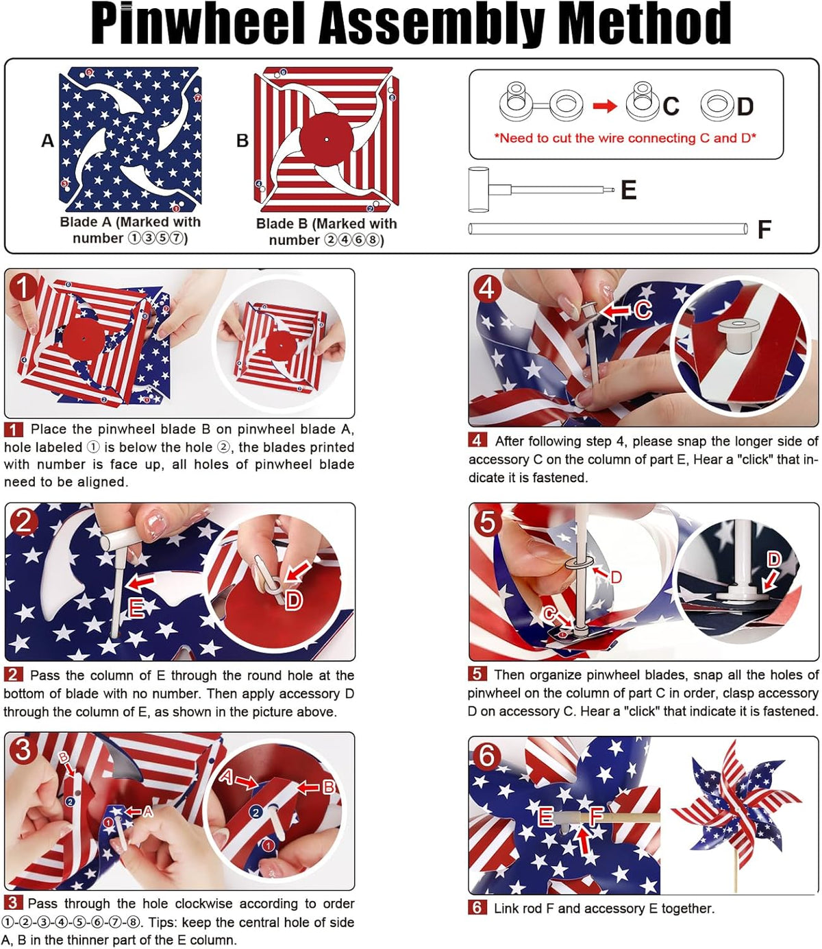 HOOSUN 12Pcs American Flag Patriotic Pinwheels for Yard and Garden,Red White and Blue Pinwheels