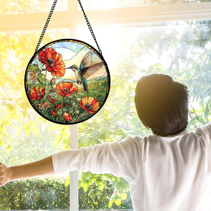 Stained Glass Window Hanging, Hummingbirds Orange Flowers Suncatcher Diamond Glass Panel Hangings