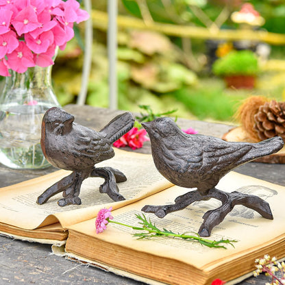 Sungmor Cast Iron Small Bird Statues, Set of 2 Realistic Rust Brown Bird with Branch Collectible