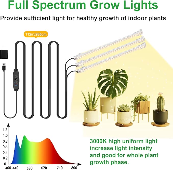 10.2'' 3 Head Grow Light Strips, LED Grow Lamps for Indoor Plants, Full Spectrum 3000K, Plant Light