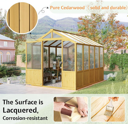 Jocisland 6x8x6.5 Ft Wooden Greenhouse, Pre-Assembled Solid Cedar Frame, Walk-in Design, Lockable