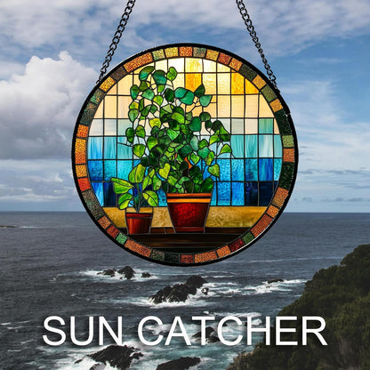 Stained Glass Window Hanging Green Potted Plants Large 11.8" - Suncatcher Door Garden Sun Catcher