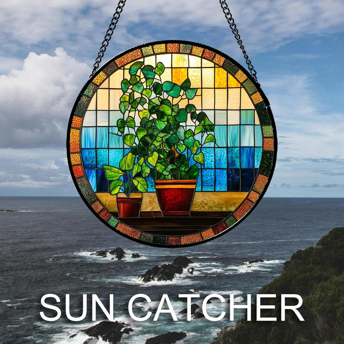 Stained Glass Window Hanging Green Potted Plants 9.8" - Suncatcher Door Garden Sun Catcher Retro