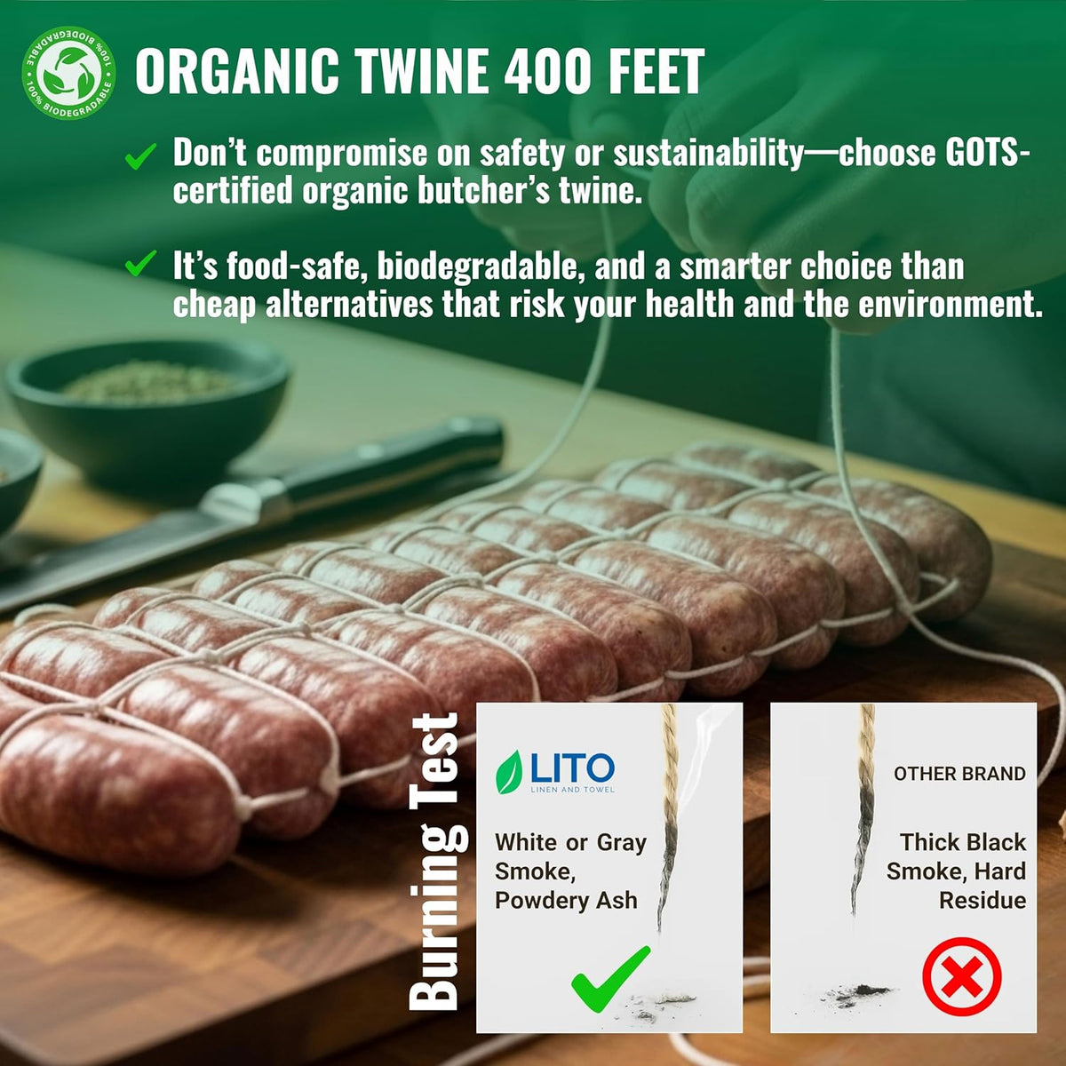 Organic Butcher’s Twine for Cooking & Trussing – 2mm Heavy-Duty Natural Cotton Kitchen Twine 400