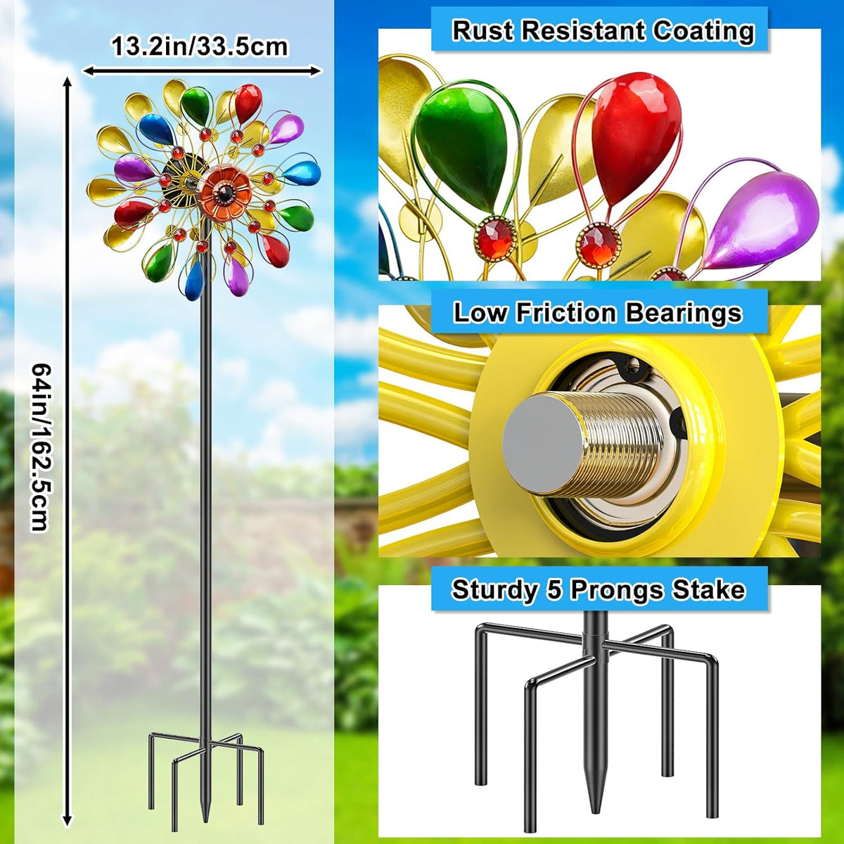 64 inch Garden Wind Spinner, Outdoor Wind Sculpture with 5 Prong Base Stand, Metal Windmill for