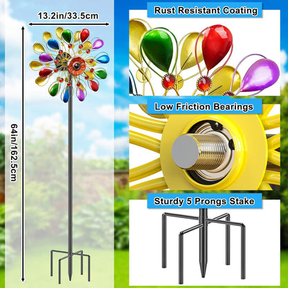64 inch Garden Wind Spinner, Outdoor Wind Sculpture with 5 Prong Base Stand, Metal Windmill for
