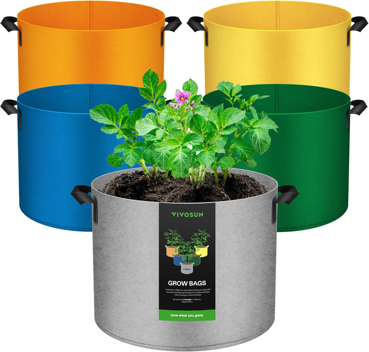 VIVOSUN 5-Pack 7-Gallon Colored Grow Bags, 350G Thick nonwoven Fabric Pots with Handles for