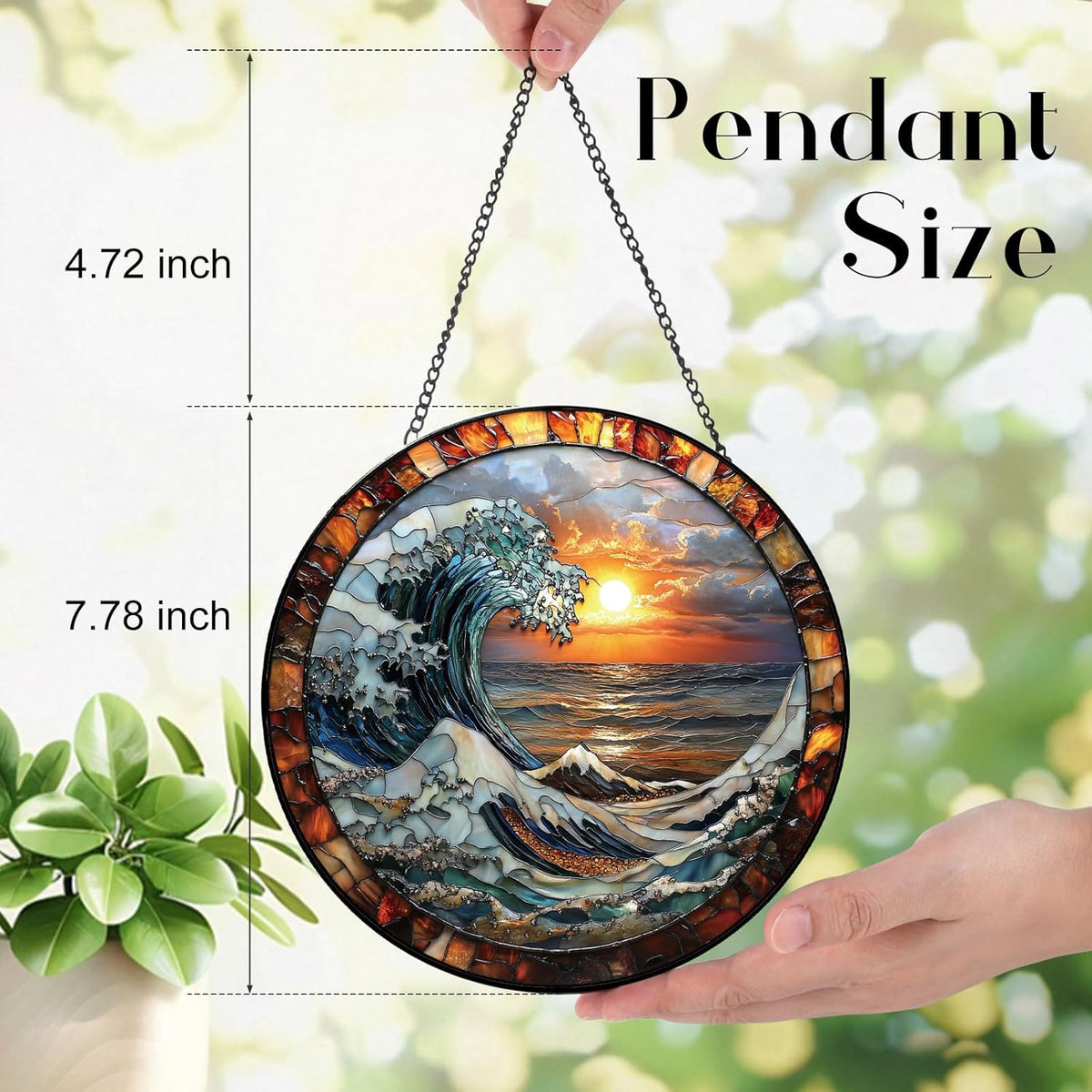 The Ocean Waves and The Sunrise Suncatcher -7.9 in Stained Glass Window Hanging Sun Catcher Garden