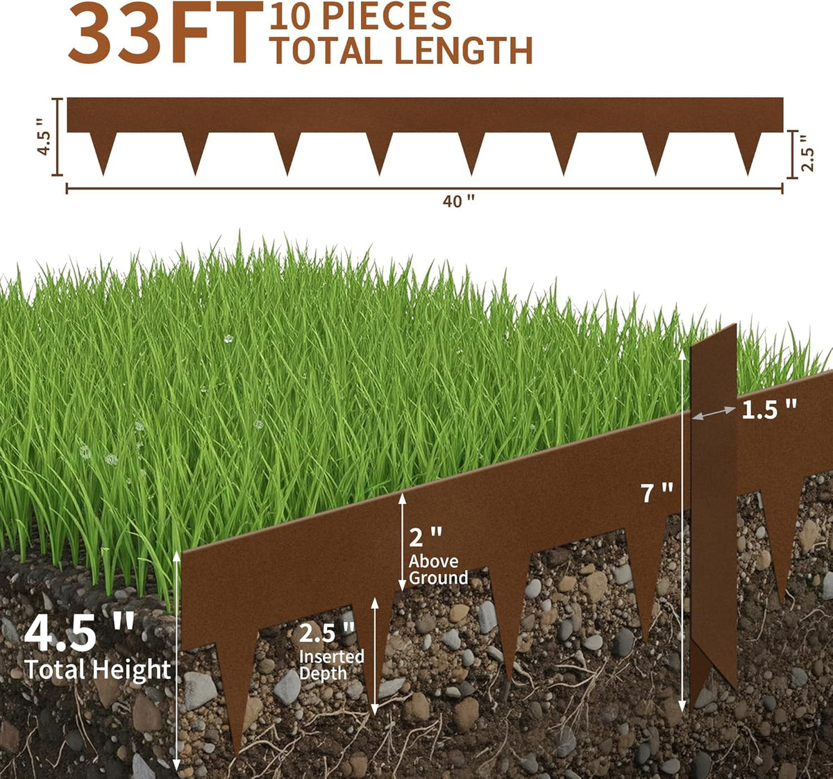 Worth Garden 33ft. Galvanized Steel Landscape Edging - 10-Pack 40" Metal Edging for Landscaping