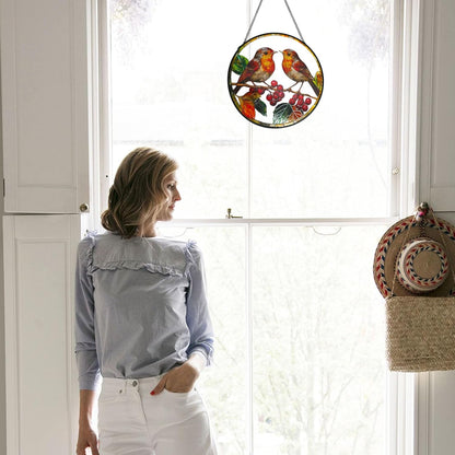 Robins Sun Catcher Stained Glass Window Hanging Suncatcher Indoor Window with Metal Chain, Birds