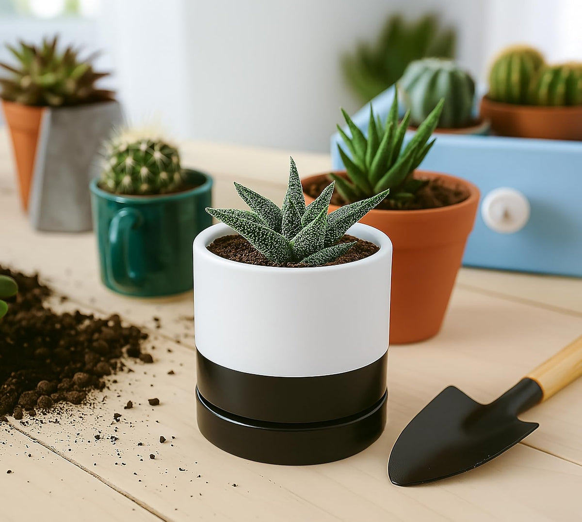 D'vine Dev 4.7 Inch Ceramic Planter Pot with Drainage Hole and Saucer, Indoor Cylinder Round