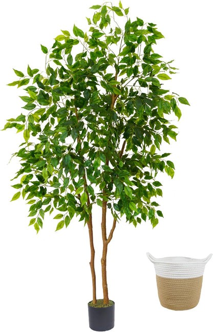 Artificial Ficus Tree, 6ft Tall Fake Ficus Tree with Basket, Faux Plant for Indoor Outdoor Home