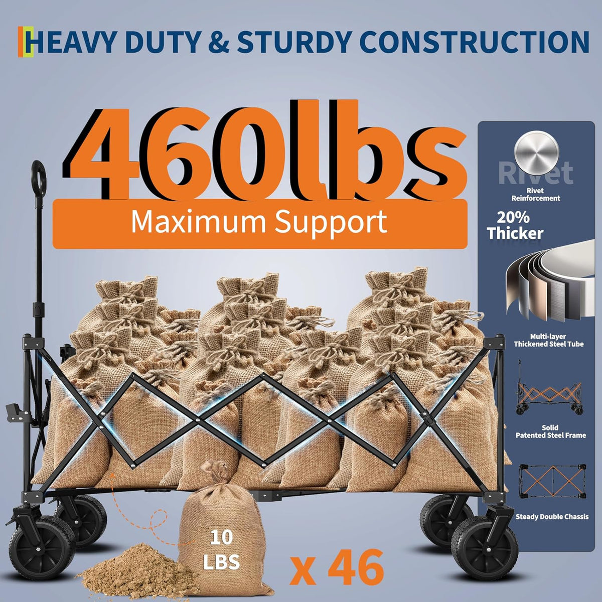 52" Foldable Wagon for Beach with 460LBS Weight Capacity, Heavy Duty 350L Extra Large Collapsible