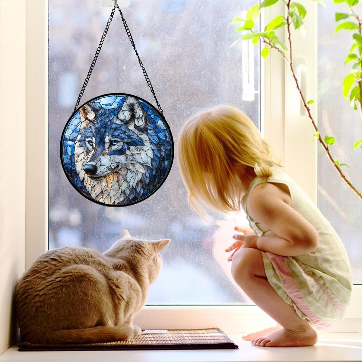 Stained Glass Window Hanging - Funny Wolf Suncatcher Ready to Hang Window Doors Home Decoration and