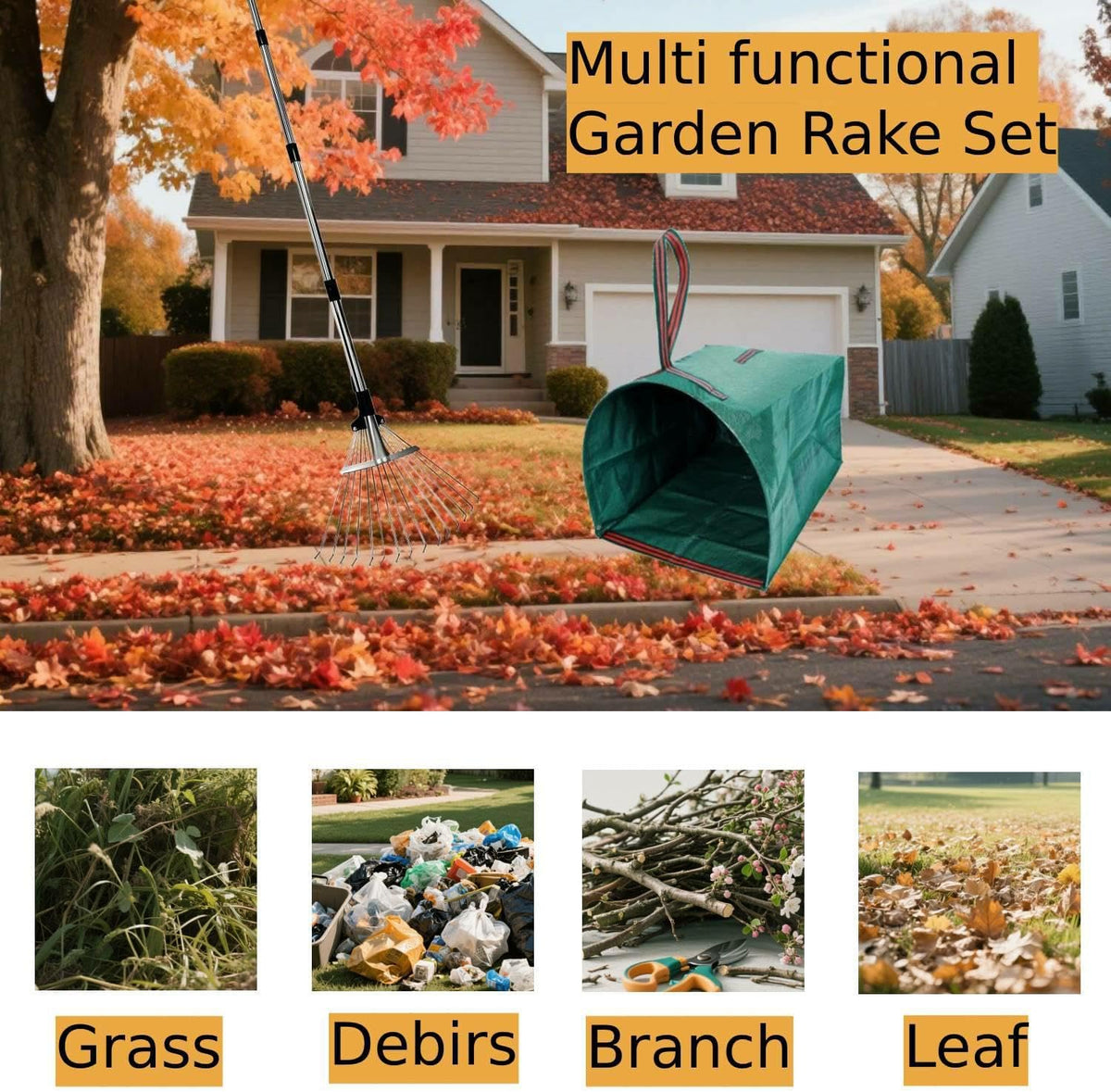 Leaf Rake for Lawns with 53 Gallon Dustpan-Type Leaf Bags,Heavy Duty Metal Garden Yard Rake Long