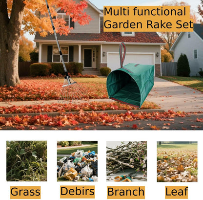 Leaf Rake for Lawns with 53 Gallon Dustpan-Type Leaf Bags,Heavy Duty Metal Garden Yard Rake Long
