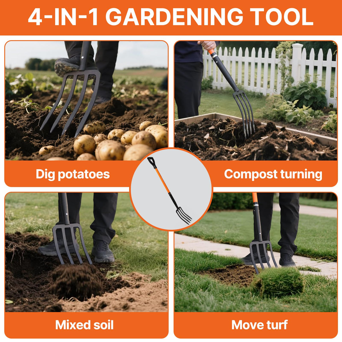 KOLEIYA 4-Tine Garden Fork,Heavy Duty Pitch Fork for Gardening,Digging Fork and Spading Fork for