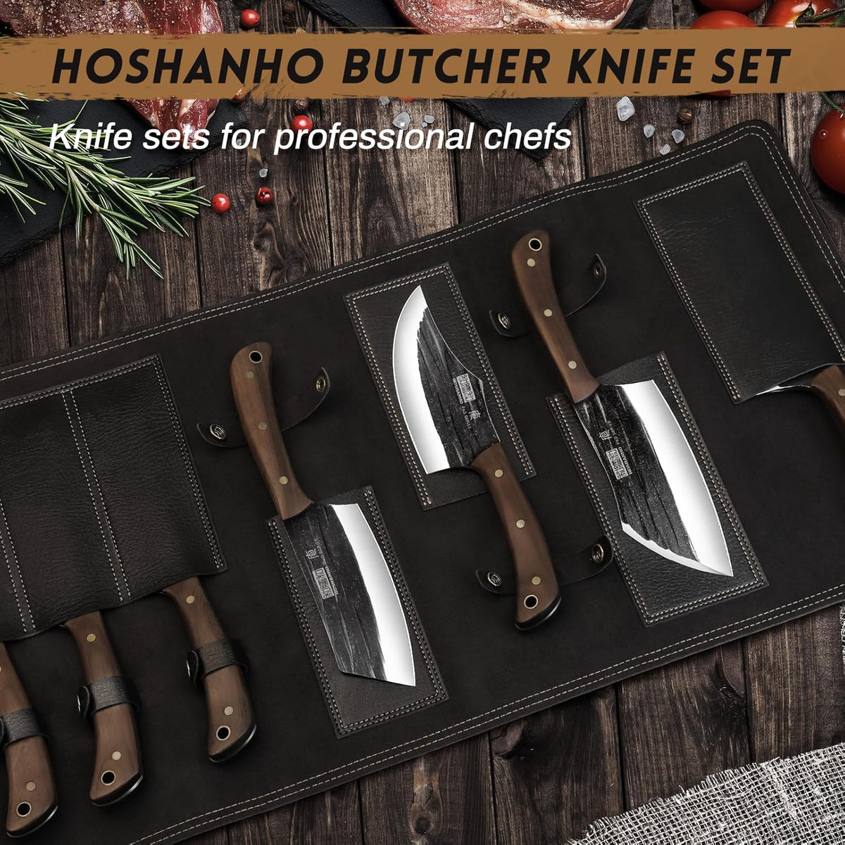 HOSHANHO Butcher Knife Set, Hand Forged Butcher Chef Knife Set with Roll Bag, Sharp Meat Cleaver