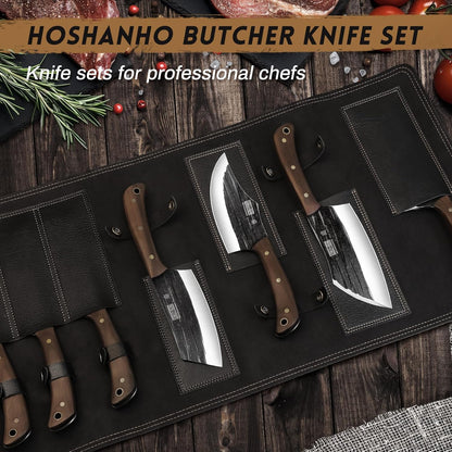 HOSHANHO Butcher Knife Set, Hand Forged Butcher Chef Knife Set with Roll Bag, Sharp Meat Cleaver