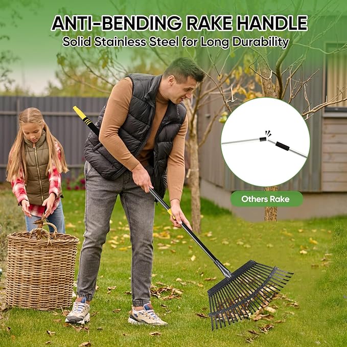Garden Leaf Rakes, 6FT Rake for Lawns Heavy Duty 25 Metal Tines 18.5 inch Wide, Adjustable Steel