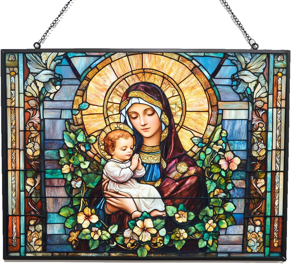 Personalized Rectangle Art Nouveau Madonna and Child Stained Glass Window Hangings Stained Glass
