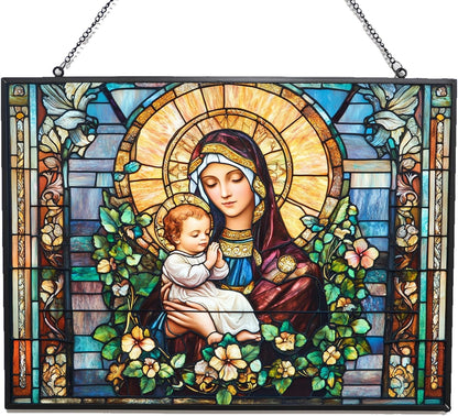 Personalized Rectangle Art Nouveau Madonna and Child Stained Glass Window Hangings Stained Glass