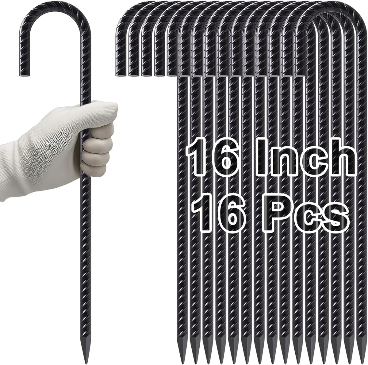VVOKGO Rebar Stakes 16 Inches J Hook Heavy Duty Chain Link Fence Stakes, 16 Pcs Metal Long Tent
