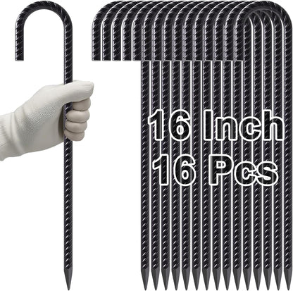 VVOKGO Rebar Stakes 16 Inches J Hook Heavy Duty Chain Link Fence Stakes, 16 Pcs Metal Long Tent