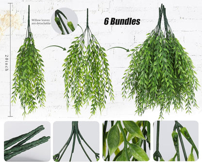 RECUTMS Artificial Weeping Willow 6Pcs,Plastic Leaves Twig Plants Greenery Fake Hanging Ivy Garland