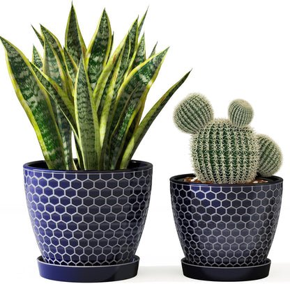 Docrin Ceramic Plant Pots Indoor, 6.6 + 5.5 Inch Planters with Drainage Holes and Saucer for