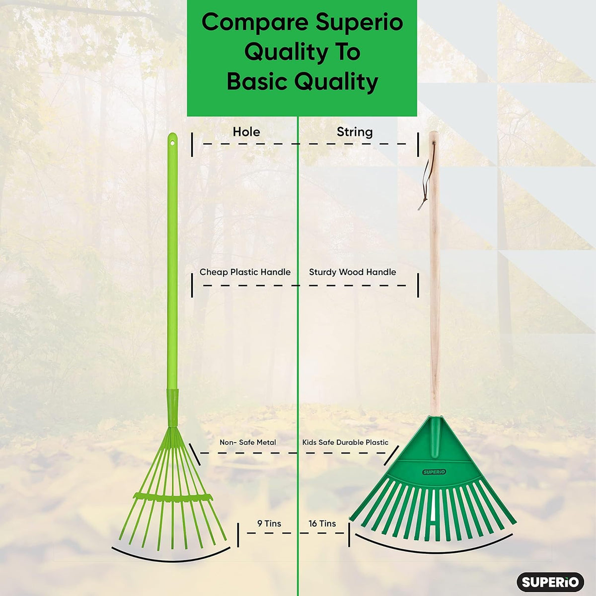Superio Kids Garden Rakes, 2 Pack, Rakes with Wooden Handle, Plastic Head, 34" (Green)