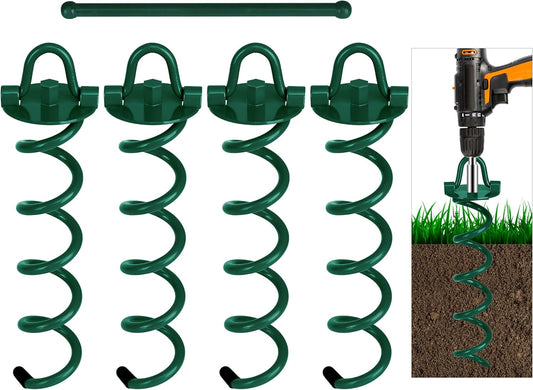 FEED GARDEN 12.2 Inch Spiral Ground Anchors Heavy Duty Screw in Spiral Stakes 4 Pack Folding Ring